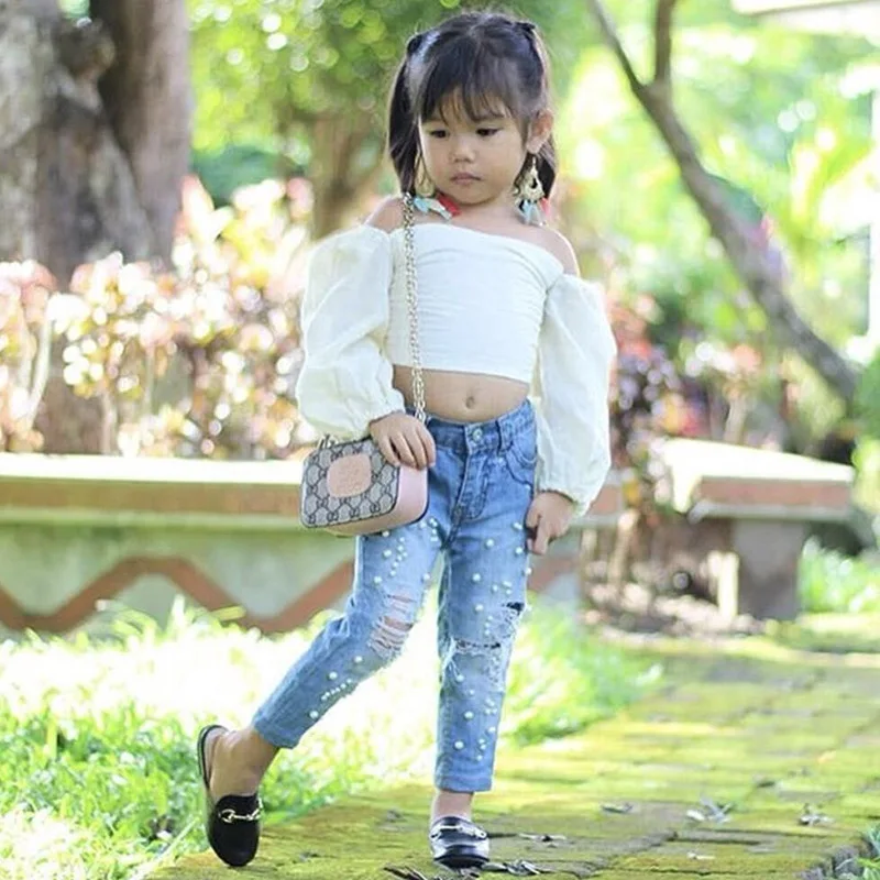 Summer Girls 2 Pieces Suits Kids Set Children's Clothing Baby Off Shoulder White Tshirts Denim Pants Cropped Tops Jeans
Summer Girls 2 Pieces Suits Kids Set Children's Clothing Baby Off Shoulder White Tshirts Denim Pants Cropped Tops Jeans