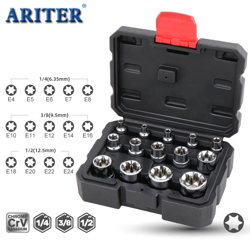 1/2" 3/8" 1/4" Drive E4 - E24 14pcs E Torx Star Female Bit Socket Set Home DIY Metalworking Auto Repair Tools
1/2" 3/8" 1/4" Drive E4 - E24 14pcs E Torx Star Female Bit Socket Set Home DIY Metalworking Auto Repair Tools