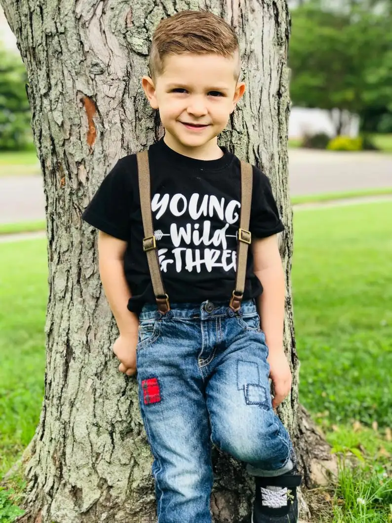 Young Wild and Three Children Birthday Tshirt Short Sleeve T-shirts Boys Girls Cool Birhday Tops Tee Party Clothes Wear
Young Wild and Three Children Birthday Tshirt Short Sleeve T-shirts Boys Girls Cool Birhday Tops Tee Party Clothes Wear