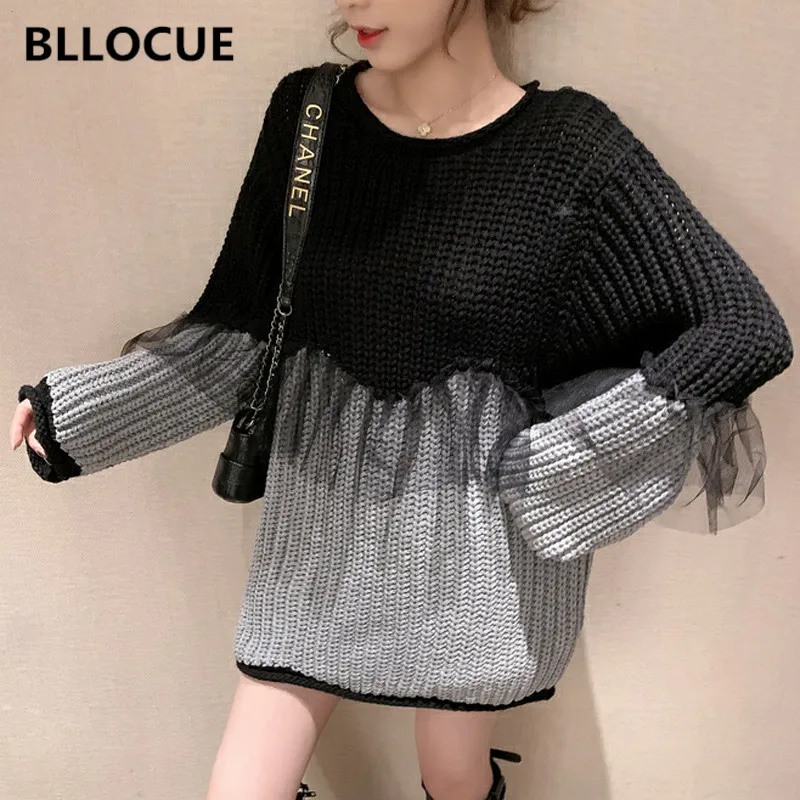BLLOCUE Women Long sleeve Pullover fashion mesh stitching Sweaters 2019 Women Autumn Winter Contrast Knitted Tops
BLLOCUE Women Long sleeve Pullover fashion mesh stitching Sweaters 2019 Women Autumn Winter Contrast Knitted Tops