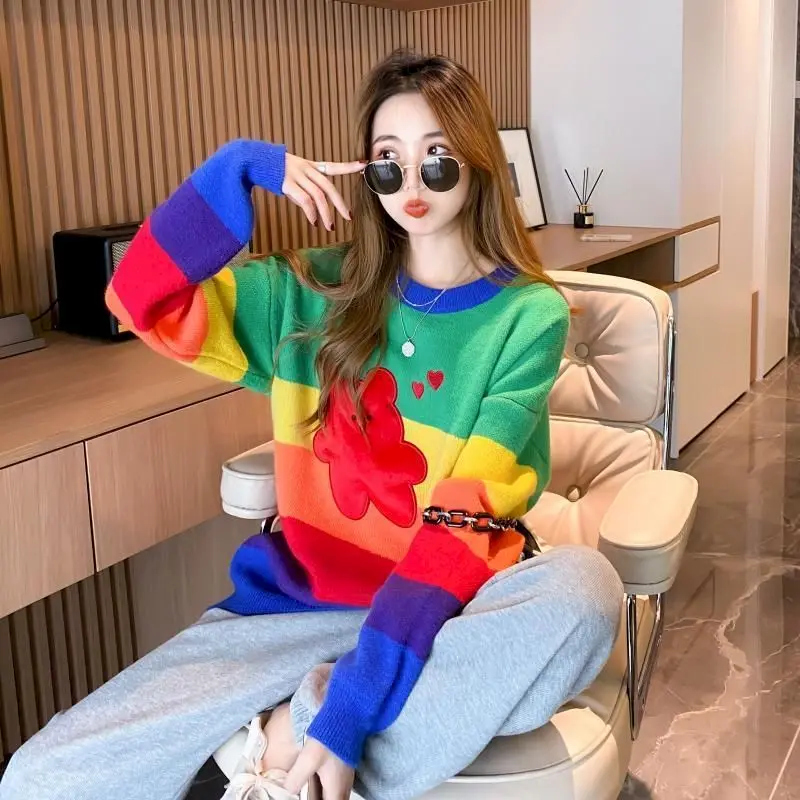 Rainbow Striped Pullover Womens Loose-fitting Outer Wear Mid-length Blouse Round Neck Cartoon Anime Lazy Knitting Pullover Women
Rainbow Striped Pullover Womens Loose-fitting Outer Wear Mid-length Blouse Round Neck Cartoon Anime Lazy Knitting Pullover Women