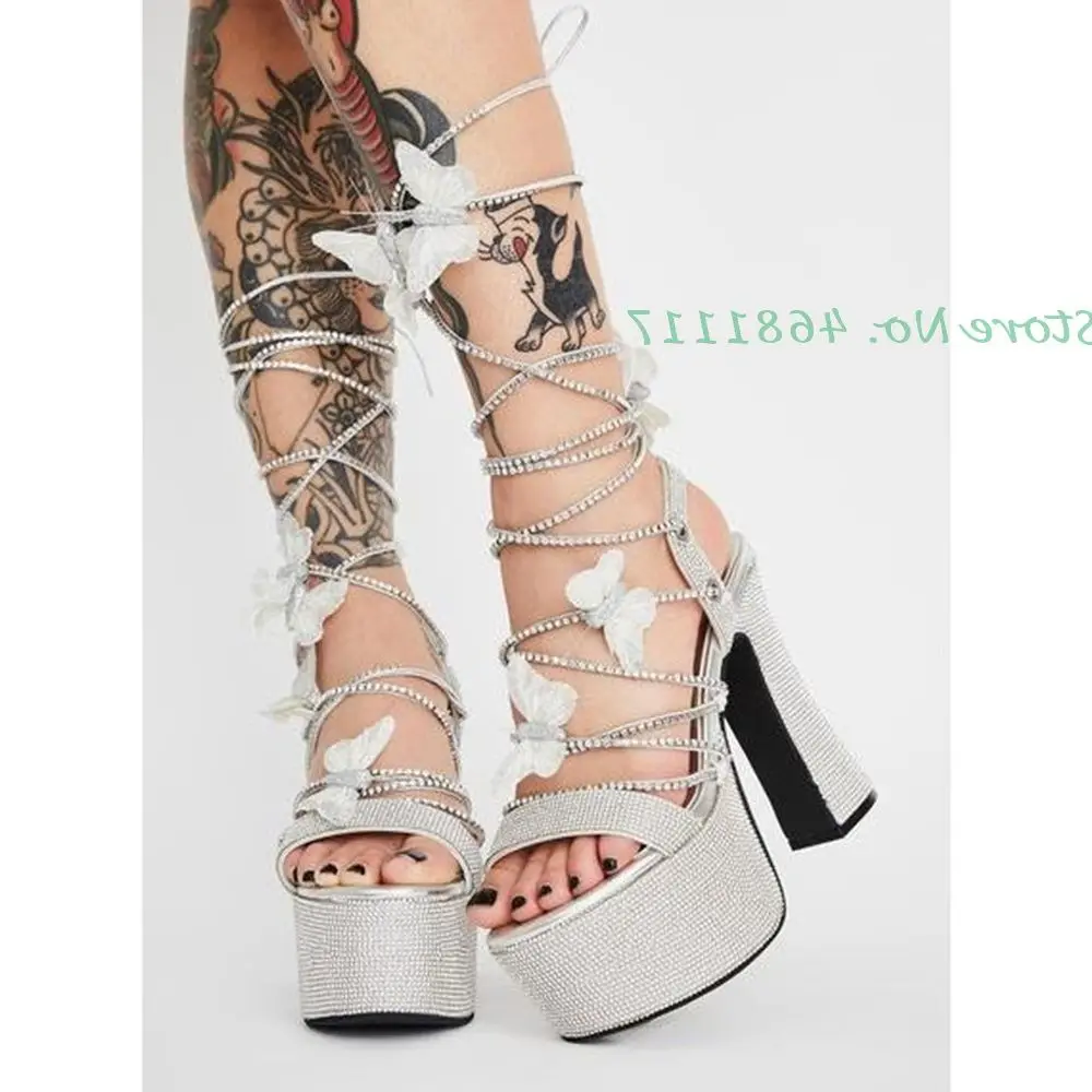 Crystal Cross Strap Butterfly Sandals Platform Super High Chunky Heel Silver Rhinestone Sandals Peep Toe Bling Women Romen Shoes
Crystal Cross Strap Butterfly Sandals Platform Super High Chunky Heel Silver Rhinestone Sandals Peep Toe Bling Women Romen Shoes