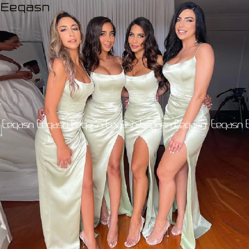 Sexy Bridesmaid Dresses Spaghetti Strap Floor Length Sweep Train Side Slit Silk Satin Wedding Party Evening Dress
Sexy Bridesmaid Dresses Spaghetti Strap Floor Length Sweep Train Side Slit Silk Satin Wedding Party Evening Dress