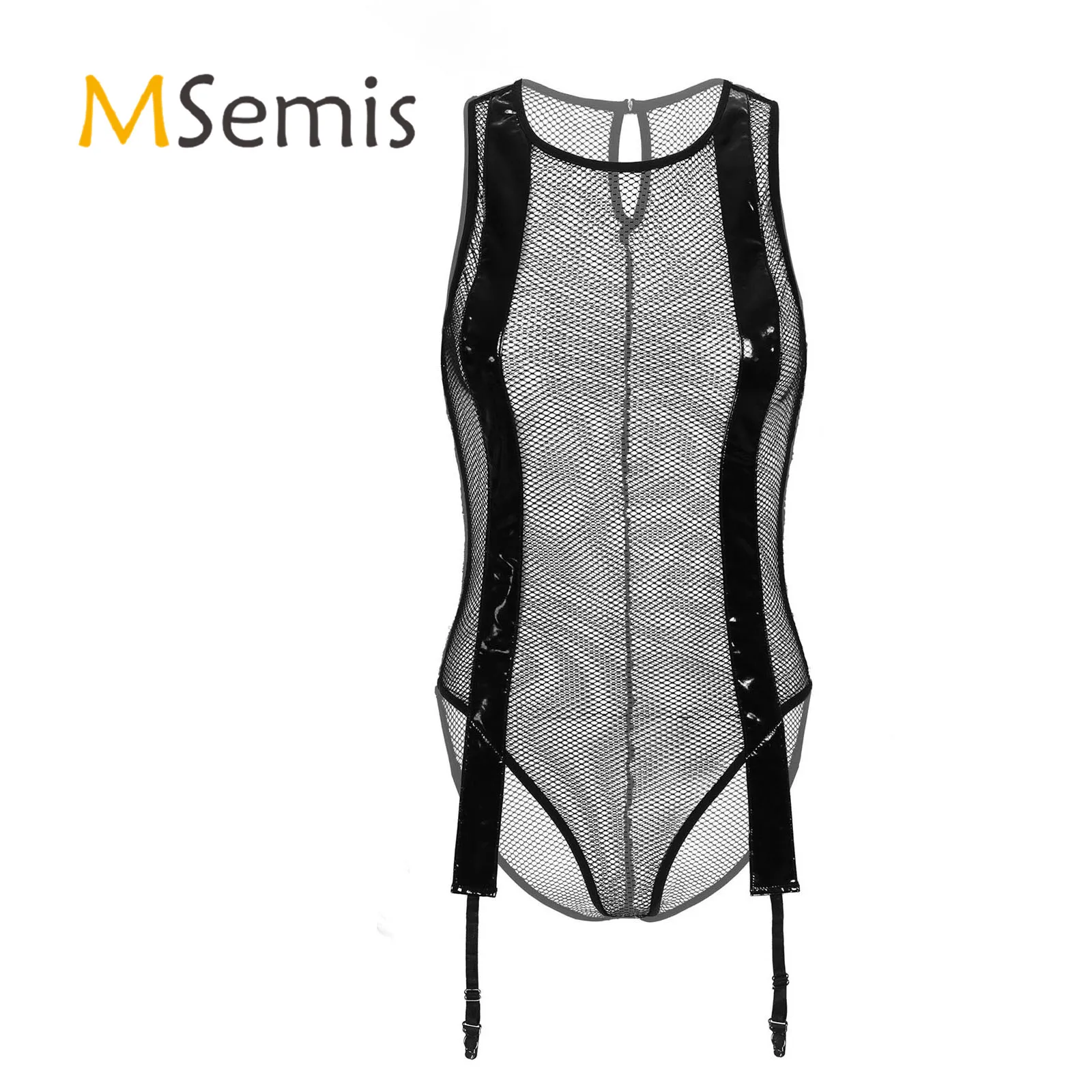 Womens Lingerie Fishnet Bodysuit See-through Round Neck Clubwear Sleeveless Patent Leather Decor Mesh Leotard with Garter Belt
Womens Lingerie Fishnet Bodysuit See-through Round Neck Clubwear Sleeveless Patent Leather Decor Mesh Leotard with Garter Belt
