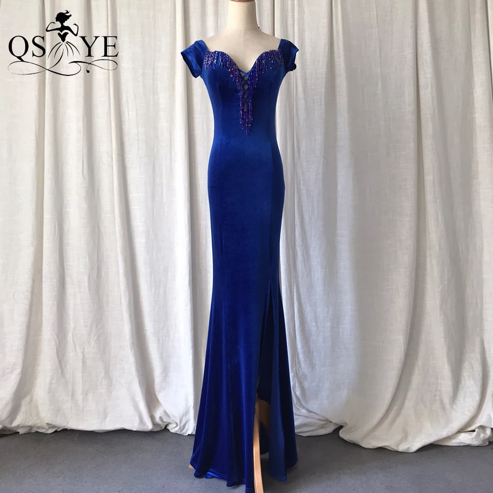 Royal Velvet Evening Dress Stretch Long Mermaid Off Shoulder Prom Gown Crystal Beading Party Dress Side Sleeves Fit Formal Gown
Royal Velvet Evening Dress Stretch Long Mermaid Off Shoulder Prom Gown Crystal Beading Party Dress Side Sleeves Fit Formal Gown