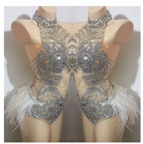 Female Singer Sexy Backless Feather Stones Bodysuits Silver Crystals Mesh Bodysuit Performance Costume Bar DJ Party Stage Wear
Female Singer Sexy Backless Feather Stones Bodysuits Silver Crystals Mesh Bodysuit Performance Costume Bar DJ Party Stage Wear
