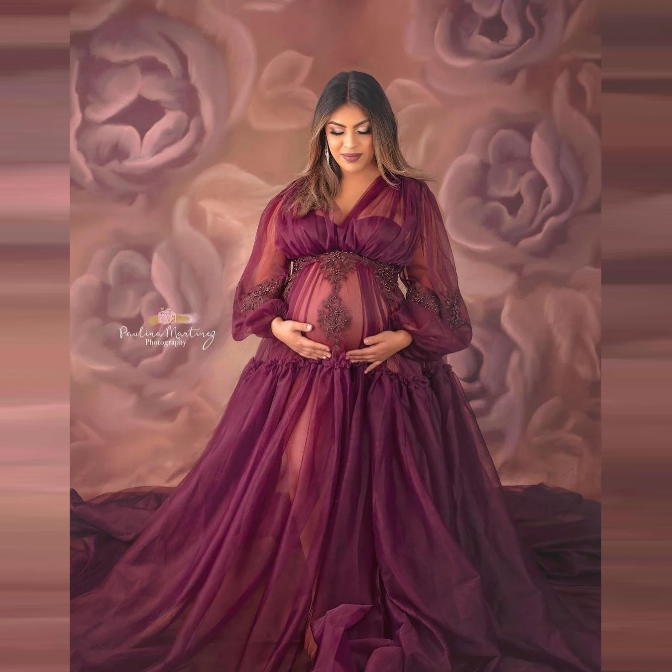See Thru Burgundy Tulle Lace Applique Beades Maternity Dress For Photo Shoot Long Sleeves V-neck Women Gowns Pregnancy Clothes
See Thru Burgundy Tulle Lace Applique Beades Maternity Dress For Photo Shoot Long Sleeves V-neck Women Gowns Pregnancy Clothes