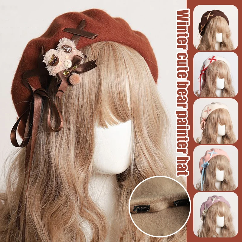 Women Japanese Lolita Hat Girl Winter Bow Beret Hat French Artist Warm Wool Beanie Vintage Bear Beret Hats Elegant Lady Caps
Women Japanese Lolita Hat Girl Winter Bow Beret Hat French Artist Warm Wool Beanie Vintage Bear Beret Hats Elegant Lady Caps