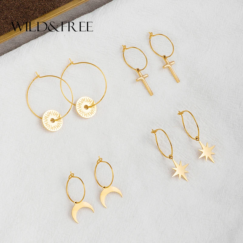 Wild&Free Stainless Steel Geometric Circle Hoop Earrings For Women Star Moon Cross Round Shape Huggie Thin Circles Hoops Earring
Wild&Free Stainless Steel Geometric Circle Hoop Earrings For Women Star Moon Cross Round Shape Huggie Thin Circles Hoops Earring