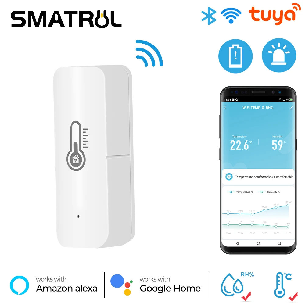 Смарт-датчик температуры и влажности SMATRUL Tuya Wi-Fi, комнатный гигрометр, термометр, детектор с голосовой сигнализацией для Alexa Google Home
Смарт-датчик температуры и влажности SMATRUL Tuya Wi-Fi, комнатный гигрометр, термометр, детектор с голосовой сигнализацией для Alexa Google Home