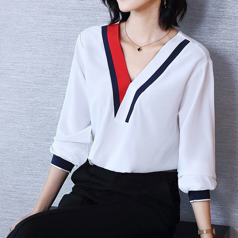Women's Spring Summer Style Chiffon Blouses Shirt Women's V-Neck Three Quarter Sleeve Splicing Korean Elegant Tops DD9036
Women's Spring Summer Style Chiffon Blouses Shirt Women's V-Neck Three Quarter Sleeve Splicing Korean Elegant Tops DD9036