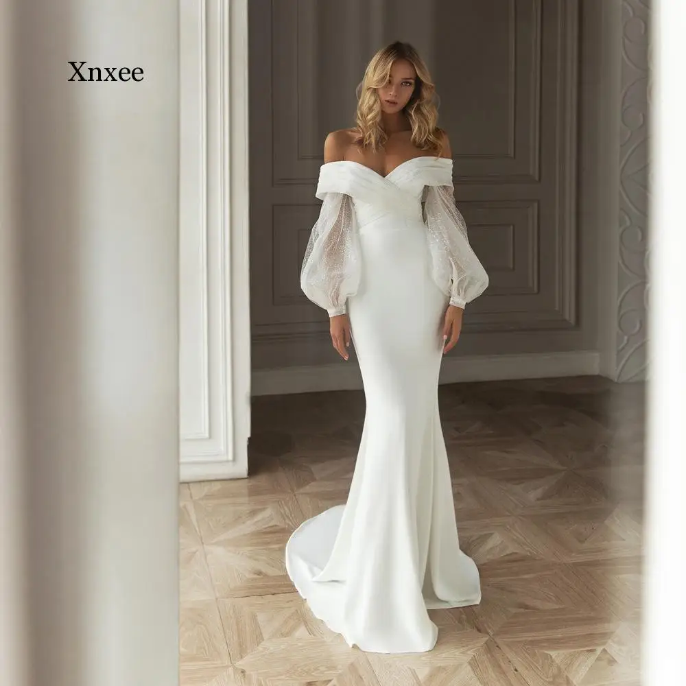 Women's Off The Shoulder Mermaid Satin Wedding Dresses Floor Length Shiny Full Sleeves Pleated Bridal Gowns
Women's Off The Shoulder Mermaid Satin Wedding Dresses Floor Length Shiny Full Sleeves Pleated Bridal Gowns