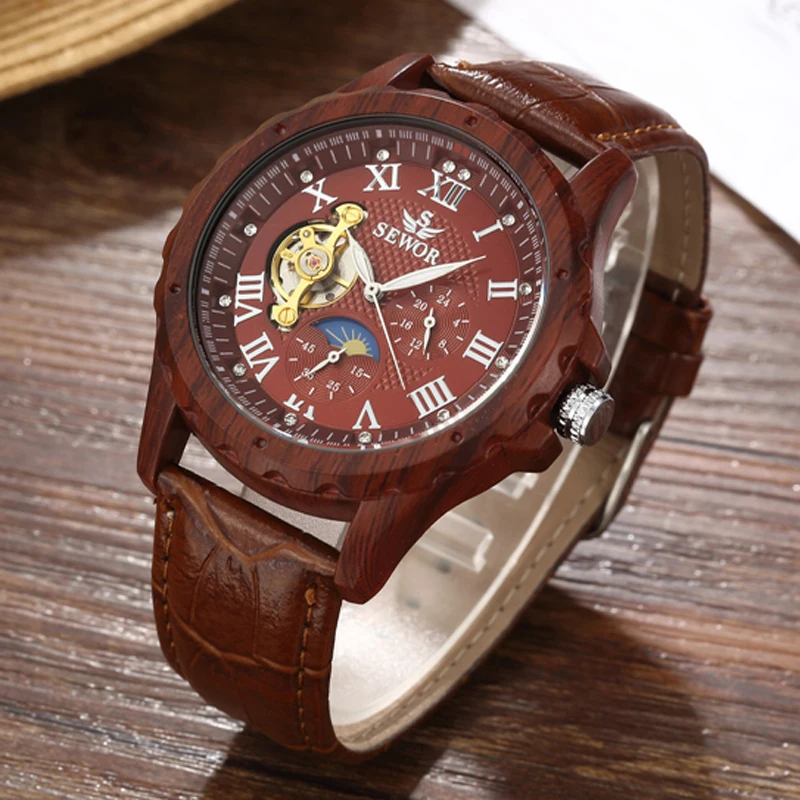 Fashion Wood Mechanical Watch Men Tourbillon Watches Small Seconds Moon Phase Automatic Mechanical Wristwatches Wooden Watch
Fashion Wood Mechanical Watch Men Tourbillon Watches Small Seconds Moon Phase Automatic Mechanical Wristwatches Wooden Watch