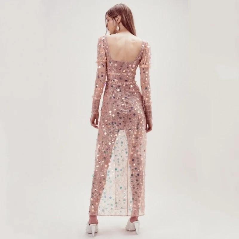 Hot Runway Sexy High Split Women Transparent Lace Long Dress Ladies Backless Bowknot Low Cut Slim Fit Shiny Sequined Dresses
Hot Runway Sexy High Split Women Transparent Lace Long Dress Ladies Backless Bowknot Low Cut Slim Fit Shiny Sequined Dresses