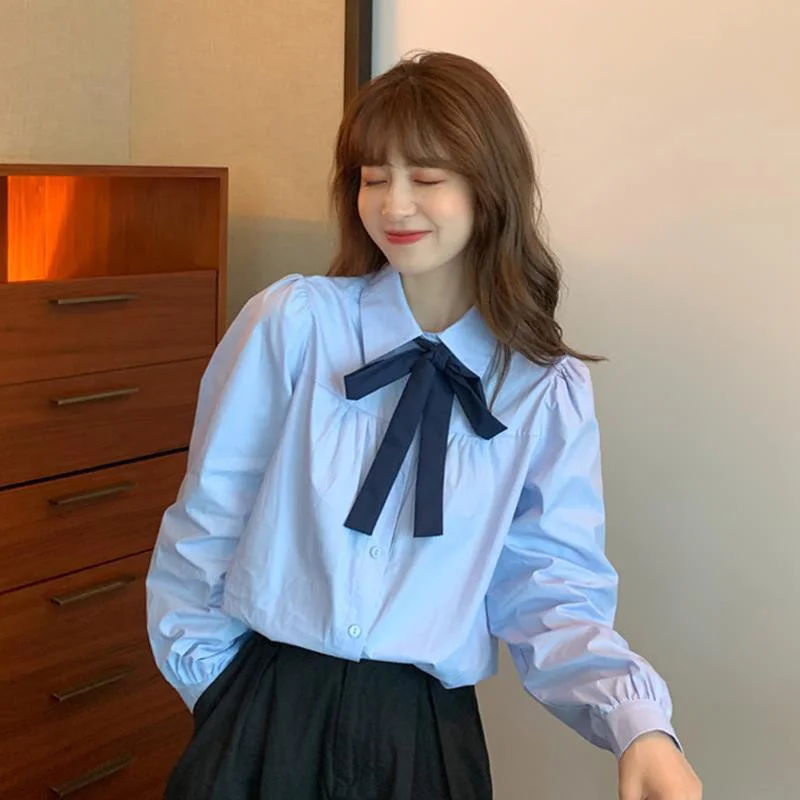 Korean Style New School Shirts Women Spring 2021 Fall Long Sleeve Bowknot Polo Shirt Blue Turn-Down Collar Girls Tops Blusas
Korean Style New School Shirts Women Spring 2021 Fall Long Sleeve Bowknot Polo Shirt Blue Turn-Down Collar Girls Tops Blusas