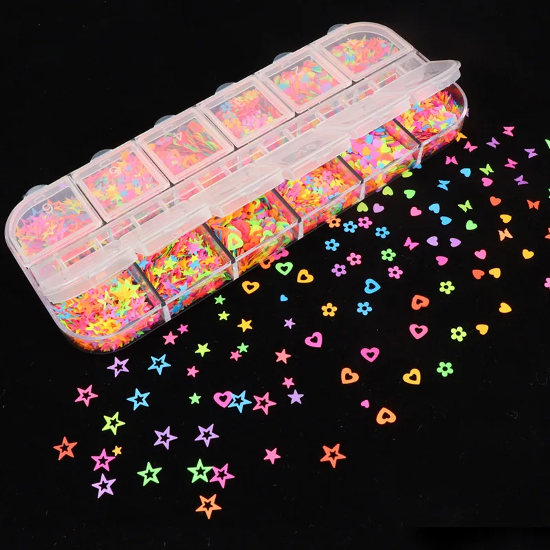 10Set 12Gird Fluorescent Butterfly Summer Nail Art Glitter Flakes Plum Blossom Sequins Nail Design Star Hearts Nails Decoration
10Set 12Gird Fluorescent Butterfly Summer Nail Art Glitter Flakes Plum Blossom Sequins Nail Design Star Hearts Nails Decoration