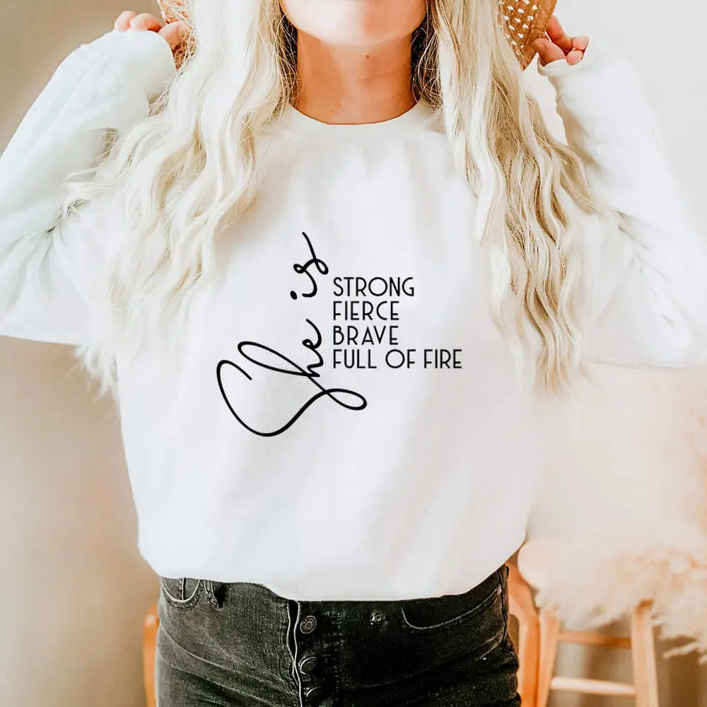 She Is Strong Brave Full of Fire 100%Cotton Women Sweatshirt Spring Autumn O-Neck Long Sleeve Top Inspiration Sweatshirt
She Is Strong Brave Full of Fire 100%Cotton Women Sweatshirt Spring Autumn O-Neck Long Sleeve Top Inspiration Sweatshirt