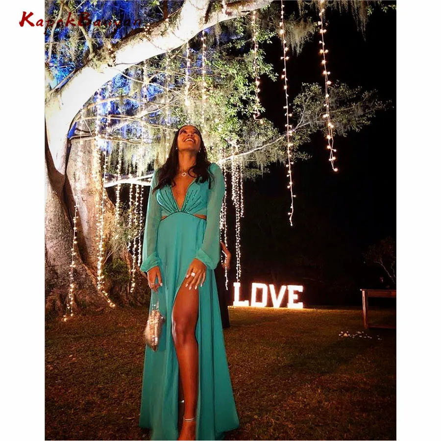 Chiffon Deep V-neck Side Split Prom Dress with Long Sleeves Evening Party Gown Sweep Train
Chiffon Deep V-neck Side Split Prom Dress with Long Sleeves Evening Party Gown Sweep Train