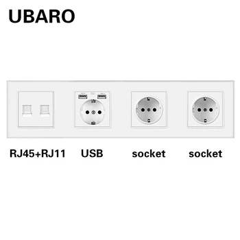 UBARO EU Russia Standard RJ45 RJ11 TV Signal Terminals USB Socket With Tempered Glass DIY Combination Plugs Power Outlet 344*86m