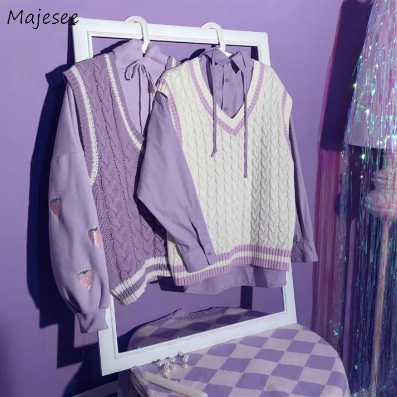 Sweater Vests Women Simple Knitwear Purple White Kawaii Casual Chic Preppy Style Korean All-match Loose Sleeveless Autumn Retro
Sweater Vests Women Simple Knitwear Purple White Kawaii Casual Chic Preppy Style Korean All-match Loose Sleeveless Autumn Retro