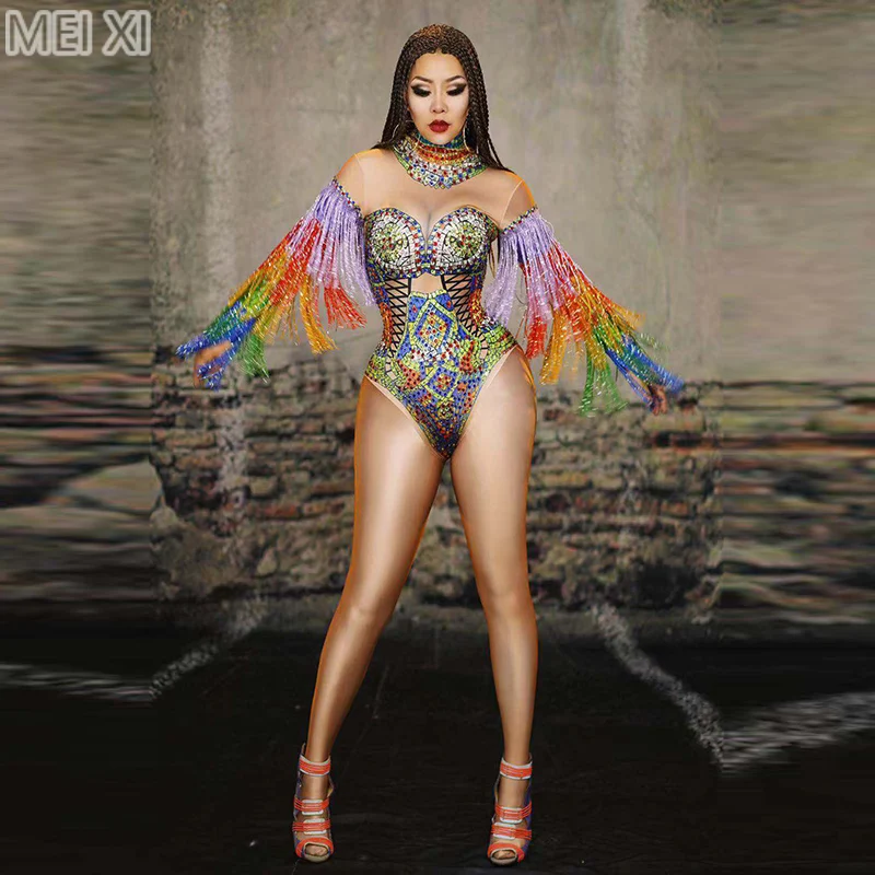 Colorful rhinestone fringed elastic jumpsuit stage performance dress bar concert DJ singer/dancer costume
Colorful rhinestone fringed elastic jumpsuit stage performance dress bar concert DJ singer/dancer costume