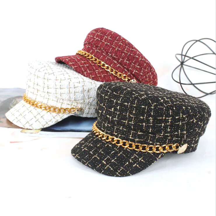 2024 Autumn hat female naval hat chain hat flat top hat high quality cool nice beautiful hats for women check button hats
2024 Autumn hat female naval hat chain hat flat top hat high quality cool nice beautiful hats for women check button hats