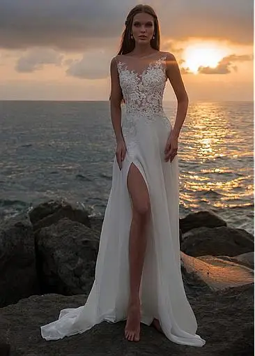 2020 Cheap Beach Wedding Dress Sleeveless Appliques Illusion Back Custom Made Bridal Gowns Split Chiffon Vestidos De Noiva
2020 Cheap Beach Wedding Dress Sleeveless Appliques Illusion Back Custom Made Bridal Gowns Split Chiffon Vestidos De Noiva