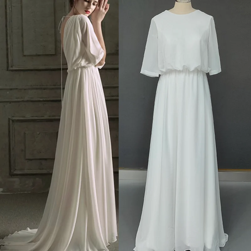 #4318 Simple Sweep Train Long Sleeve Backless Boho Beach Wedding Dress Boat-Neck Chiffon Bridal Photoshoot Gown Custom Made
#4318 Simple Sweep Train Long Sleeve Backless Boho Beach Wedding Dress Boat-Neck Chiffon Bridal Photoshoot Gown Custom Made