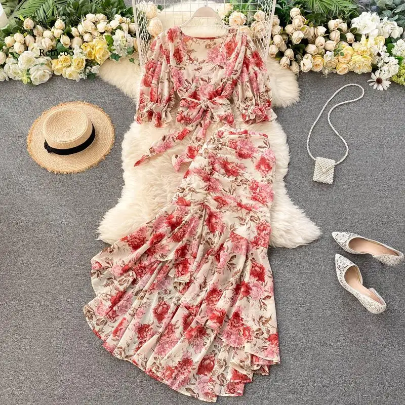 Bohemian Pink/Blue Floral Print Chiffon 2pcs Set Women Bandage Short Tops + High Waist Mermaid Skirt Female Sets
Bohemian Pink/Blue Floral Print Chiffon 2pcs Set Women Bandage Short Tops + High Waist Mermaid Skirt Female Sets