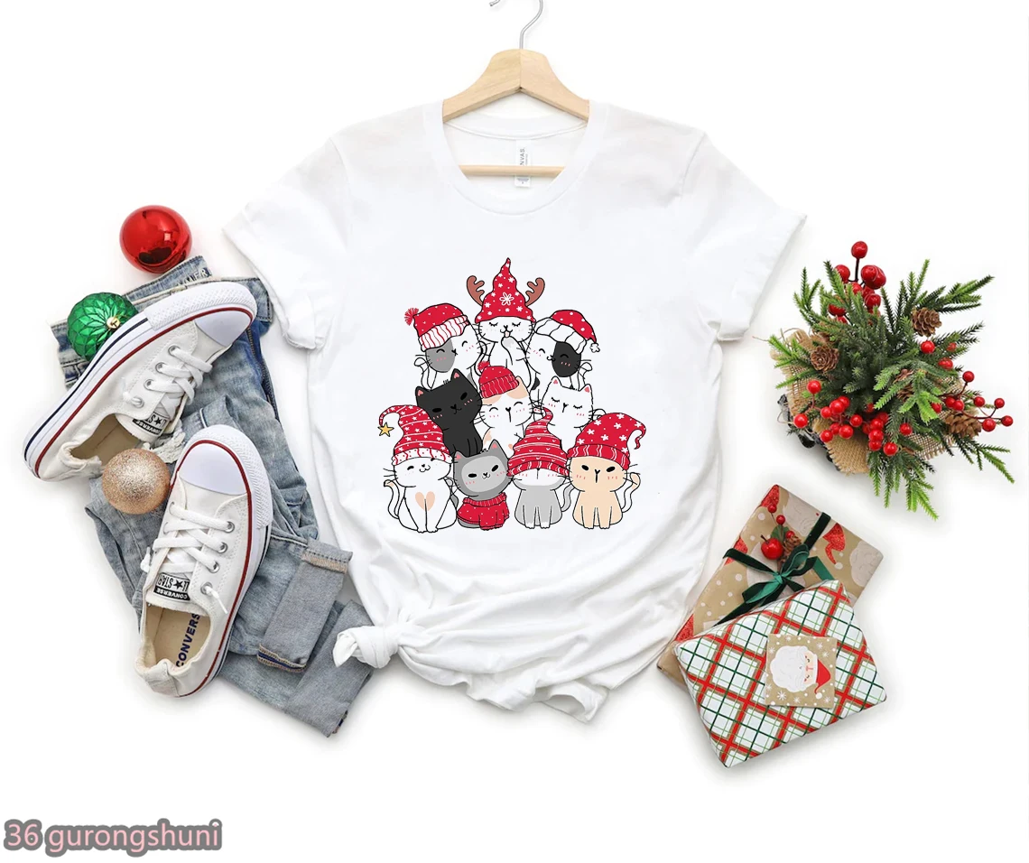 Футболка женская с принтом кошки на Рождество, милая Модная рубашка в стиле Харадзюку с новогодним принтом, лето
Футболка женская с принтом кошки на Рождество, милая Модная рубашка в стиле Харадзюку с новогодним принтом, лето