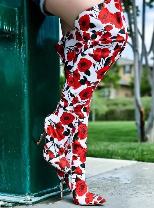 Beauty Rose Flower Printed Thigh Boots Stiletto High Heels Pointed toe Long Boots Ladies Spring Red Rose over the Knee Boots
Beauty Rose Flower Printed Thigh Boots Stiletto High Heels Pointed toe Long Boots Ladies Spring Red Rose over the Knee Boots