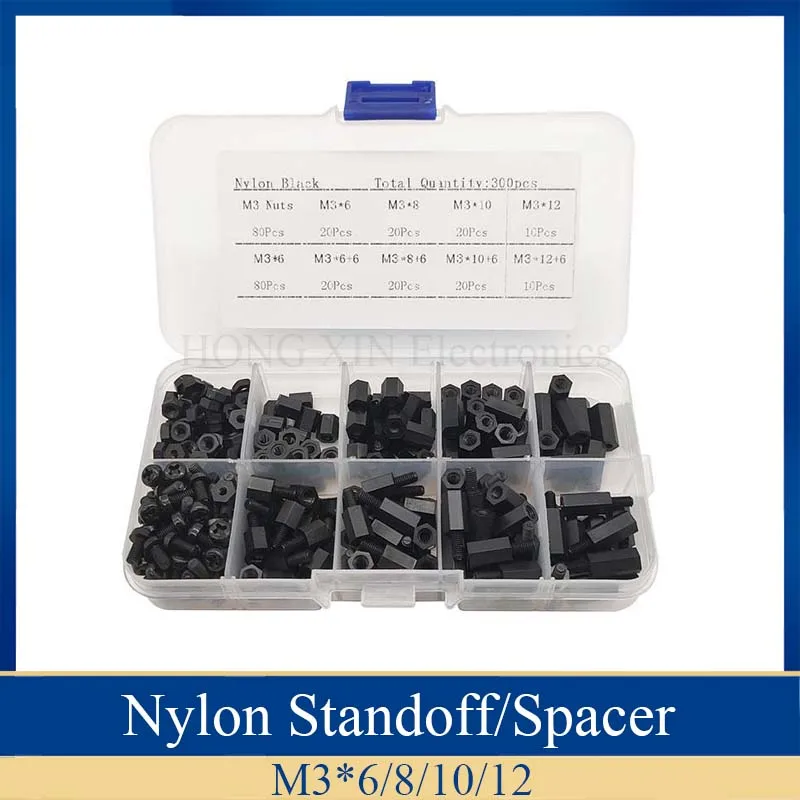 300pcs M3 Nylon Screw Black Hex Screw Nut Spacer Stand-off Varied Length Assortment Kit Box
300pcs M3 Nylon Screw Black Hex Screw Nut Spacer Stand-off Varied Length Assortment Kit Box
