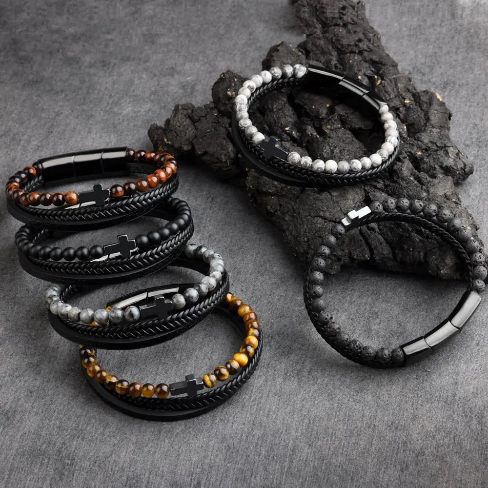 Cross Man's Bracelet Natural Stone Beads Genuine Leather Braided Stainless Steel 3 Adjustable Magnet Clasp Bangles For Men Gift
Cross Man's Bracelet Natural Stone Beads Genuine Leather Braided Stainless Steel 3 Adjustable Magnet Clasp Bangles For Men Gift