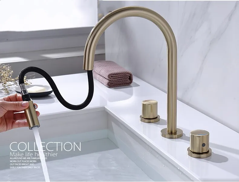 Top quality brass bathroom sink faucet two handles three holes cold hot basin tap 2 function spray Brushed gold/Chrome/Black
Top quality brass bathroom sink faucet two handles three holes cold hot basin tap 2 function spray Brushed gold/Chrome/Black