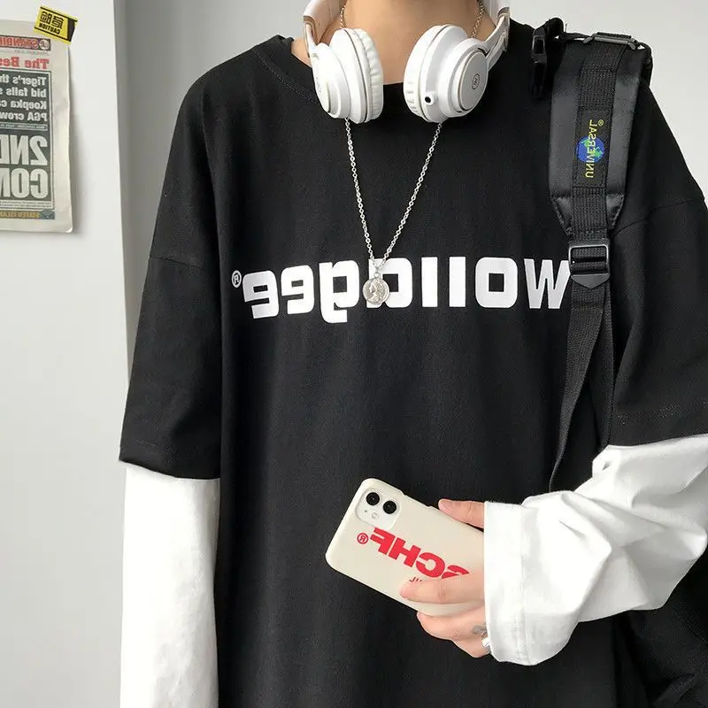 Letter print long-sleeved t-shirt unisex trend handsome stitching fake two pieces spring autumn O-neck lovers punk streetwear
Letter print long-sleeved t-shirt unisex trend handsome stitching fake two pieces spring autumn O-neck lovers punk streetwear