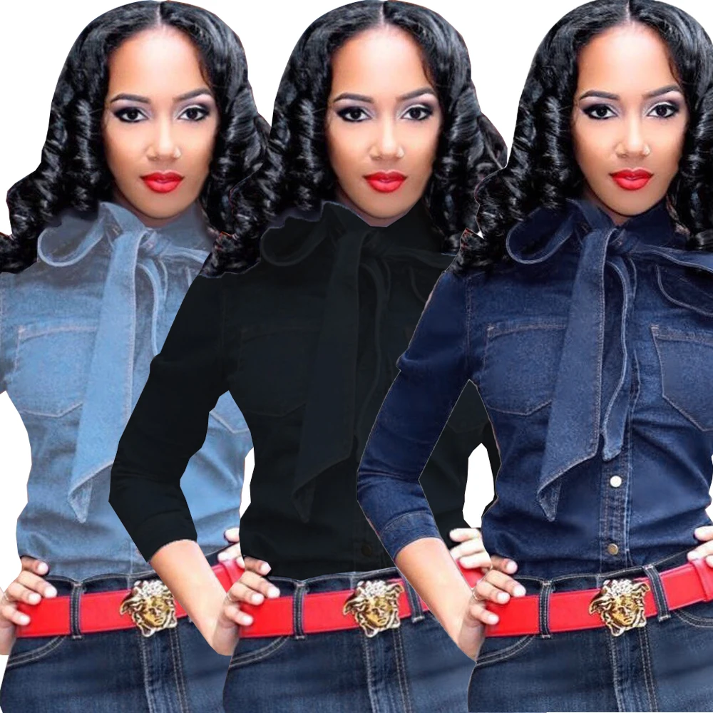 Fashion denim T-shirt with bow tie and button pocket New autumn round neck and long-sleeved ladies shirt
Fashion denim T-shirt with bow tie and button pocket New autumn round neck and long-sleeved ladies shirt
