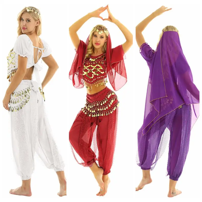Women Belly Dance Costume Carnival India Dance Set Short Sleeves Coins Sequins Top+Harem Pants+Hip Scarf Skirt+Head Scarf Outfit
Women Belly Dance Costume Carnival India Dance Set Short Sleeves Coins Sequins Top+Harem Pants+Hip Scarf Skirt+Head Scarf Outfit
