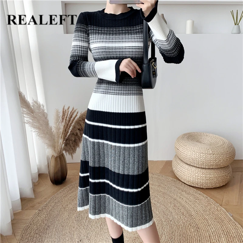 REALEFT Autumn Winter Classic Striped Knitting Women's A-Line Dresses 2021 New High Waist Long Sleeve Midi Sweater Dress Female
REALEFT Autumn Winter Classic Striped Knitting Women's A-Line Dresses 2021 New High Waist Long Sleeve Midi Sweater Dress Female