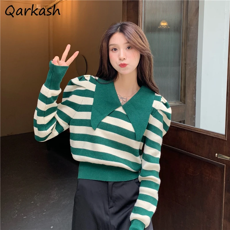 Пуловеры женские в полоску, тонкий ретро-модный вязаный отложной воротник, простой корейский стиль, уличный свитер 2021, студенческий женский свитер 
Пуловеры женские в полоску, тонкий ретро-модный вязаный отложной воротник, простой корейский стиль, уличный свитер 2021, студенческий женский свитер