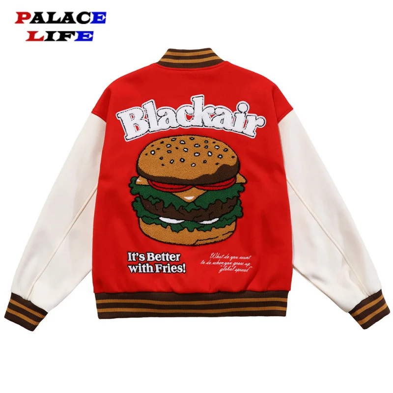 Funny Hamburger Embroidery Men Baseball Jacket 2021 Hip Hop Streetwear PU Leather Fashion Oversized College Varsity Bomber Coat
Funny Hamburger Embroidery Men Baseball Jacket 2021 Hip Hop Streetwear PU Leather Fashion Oversized College Varsity Bomber Coat