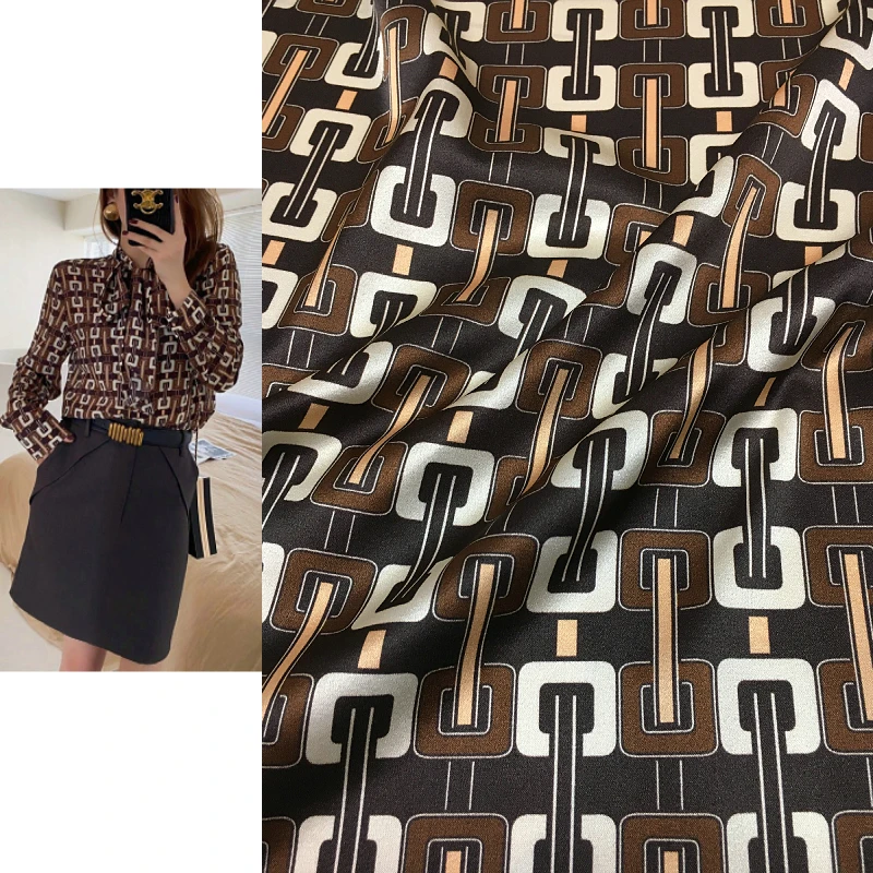 Vertical chain geometric printing black coffee bottom stretch digital printing natural mulberry silk high fashion textile fabric
Vertical chain geometric printing black coffee bottom stretch digital printing natural mulberry silk high fashion textile fabric