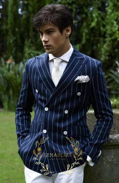 SZMANLIZI MALE COSTUMES Navy Blue Striped Blazer Double Breasted Men Suits For Wedding Terno Masculino Slim Fit Groom Tuxedos
SZMANLIZI MALE COSTUMES Navy Blue Striped Blazer Double Breasted Men Suits For Wedding Terno Masculino Slim Fit Groom Tuxedos