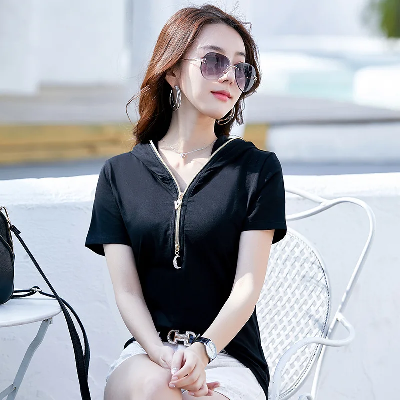 Summer T Shirt Women Hooded Short Sleeve Women's T-shirts Solid Casual Tops New T-shirt Cotton Ziper Ropa De Mujer
Summer T Shirt Women Hooded Short Sleeve Women's T-shirts Solid Casual Tops New T-shirt Cotton Ziper Ropa De Mujer