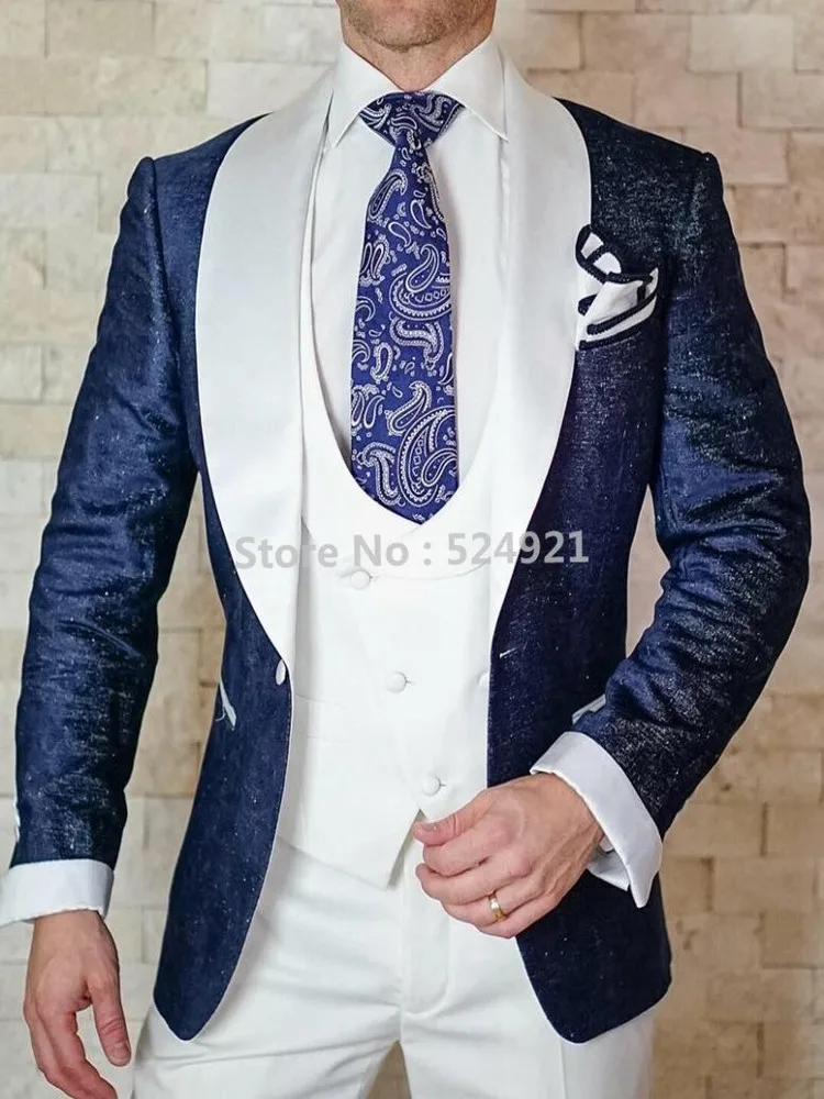 Men Suits Shiny Navy Blue and White Groom Tuxedos Shawl Lapel Groomsmen Wedding Best Man ( Jacket+Pants+Vest+Tie ) C960
Men Suits Shiny Navy Blue and White Groom Tuxedos Shawl Lapel Groomsmen Wedding Best Man ( Jacket+Pants+Vest+Tie ) C960