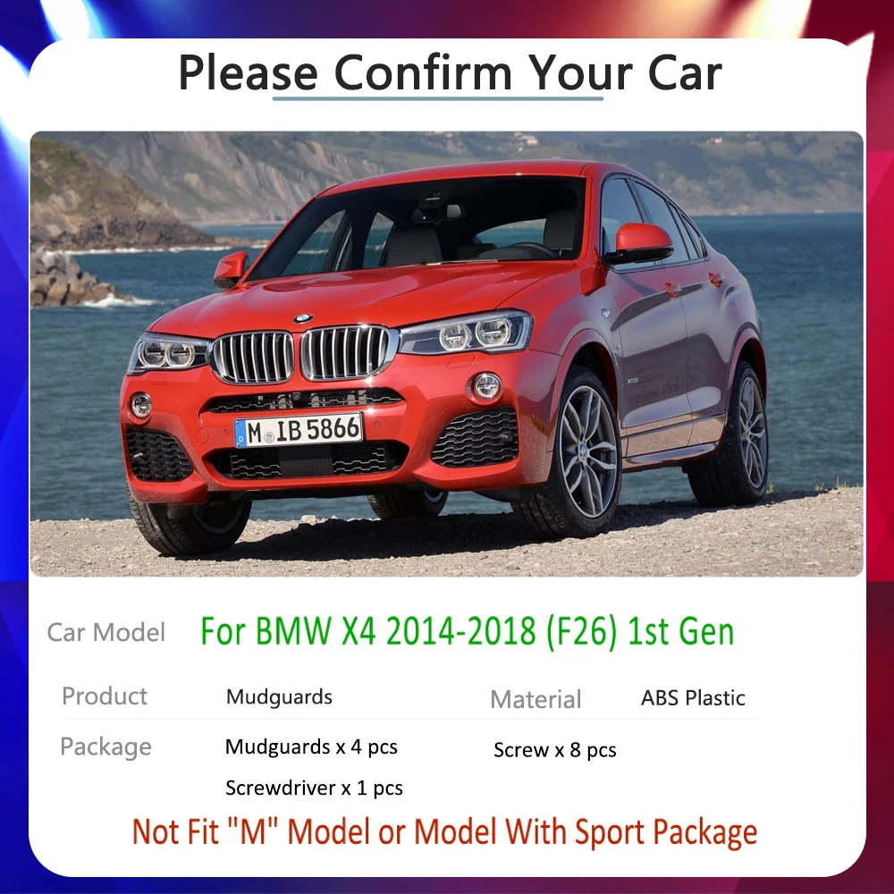 Car Mud Flaps Fender for BMW X4 F26 2014~2018 2015 2016 2017 20i 28i 35i 20d 30d 35d Splash Flaps Guards Rims Accessories Goods
Car Mud Flaps Fender for BMW X4 F26 2014~2018 2015 2016 2017 20i 28i 35i 20d 30d 35d Splash Flaps Guards Rims Accessories Goods