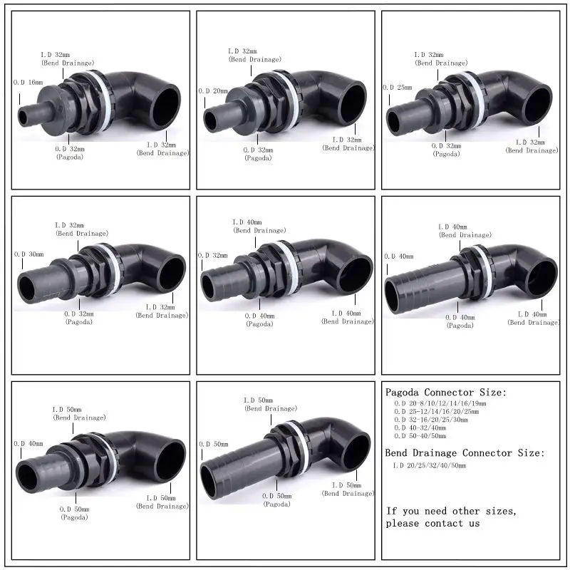 1~5Pcs O.D32/40/50-16/20/25/30/40/50mmPVC Pipe Fish Tank Joint Set Pagoda Bend Drainage Connector Garden Irrigation Hose Adapter
1~5Pcs O.D32/40/50-16/20/25/30/40/50mmPVC Pipe Fish Tank Joint Set Pagoda Bend Drainage Connector Garden Irrigation Hose Adapter