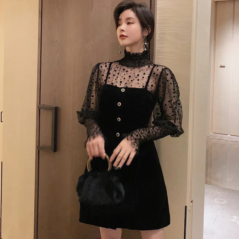 2020 Mesh Turtleneck Tops and Black Spaghetti Strap Midi Dress 2 Piece Set Elegant Office Lady Sexy Party Women Suits Vestidos
2020 Mesh Turtleneck Tops and Black Spaghetti Strap Midi Dress 2 Piece Set Elegant Office Lady Sexy Party Women Suits Vestidos