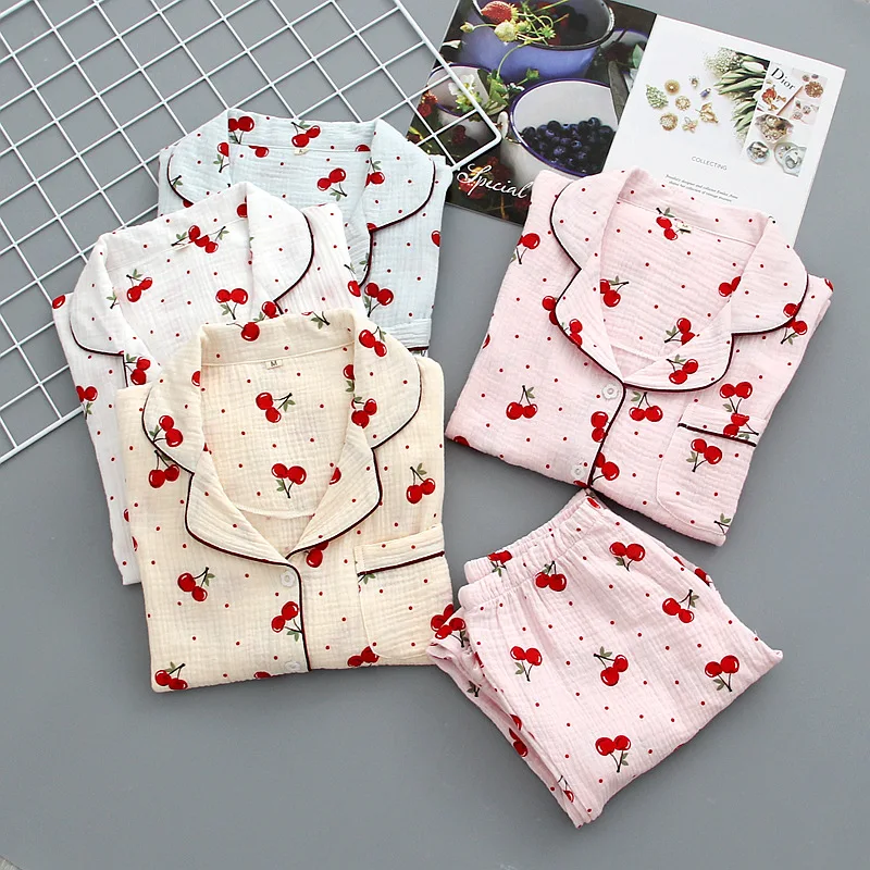 Autumn Cute Cherry Printing Pajamas for Women Lapel Plus Size Loose Long Sleeve Long Pants Sleepwear Cotton Crepe 2 Piece Set
Autumn Cute Cherry Printing Pajamas for Women Lapel Plus Size Loose Long Sleeve Long Pants Sleepwear Cotton Crepe 2 Piece Set