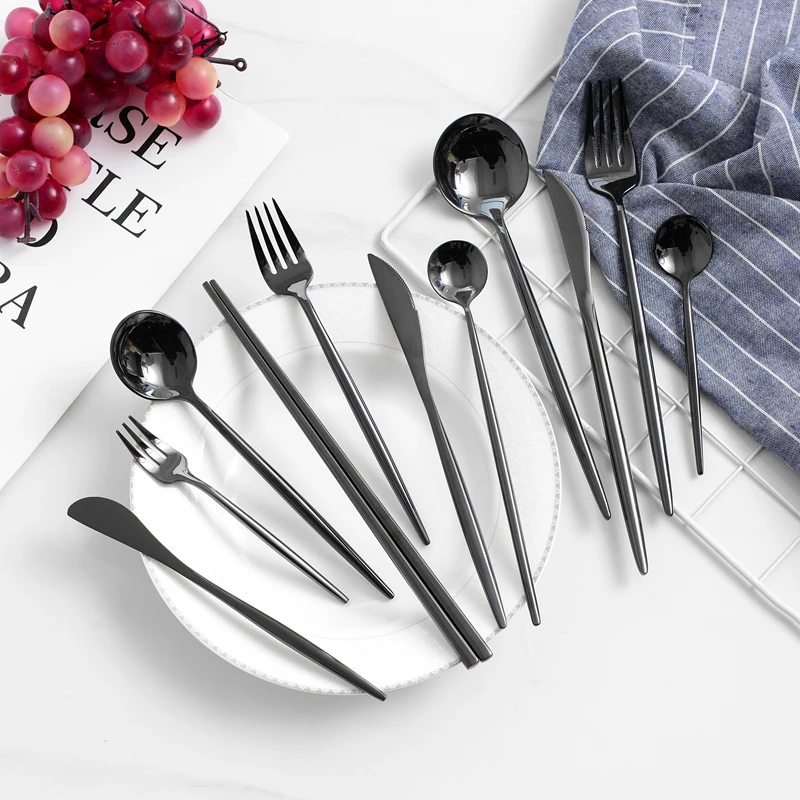 Home Tableware Stainless Steel Cutlery Complete Black Fork Spoon Knife Flatware Sets Korean Chopsticks Spoon Set for Kitchen
Home Tableware Stainless Steel Cutlery Complete Black Fork Spoon Knife Flatware Sets Korean Chopsticks Spoon Set for Kitchen