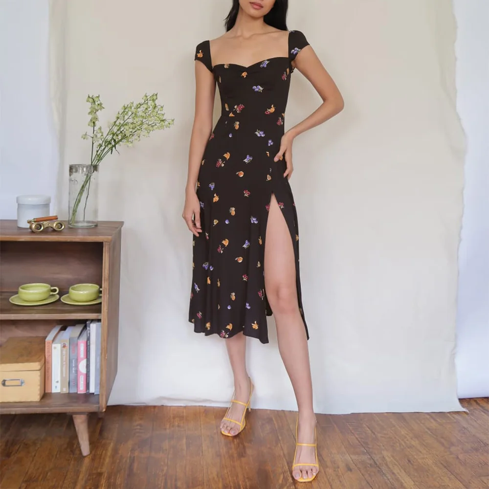 Summer Dresses For Women Vintage Elegant Midi Dress With Slit Sweetheart Neck Back Shirred Small Fruit Print Sexy Beach Dress
Summer Dresses For Women Vintage Elegant Midi Dress With Slit Sweetheart Neck Back Shirred Small Fruit Print Sexy Beach Dress